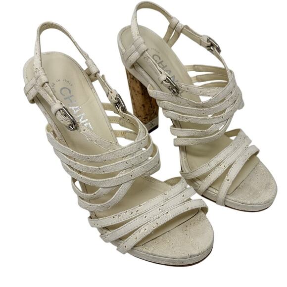 Chanel Suede Block Cork Heel Chain Link CC Detail Strappy Sandals white size 39 - Picture 6 of 13